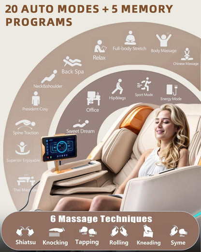 Massage Chair Full Body, 4D Zero Gravity Massage Chairs, 20 Auto Modes, 11 Massage Technique, 40 Airbags Shiatsu Massage, APP Control with Hifi Bluetooth Speaker Beige