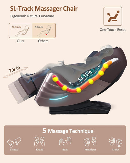 Massage Chair Full Body, 20 Modes Zero Gravity Sl-Track Shiatsu Massage Chair Built-In Heat System, Airbag Massage with Body Scan, Deep Yoga Stretch, Calfrest Extension and AI Control(Brown)