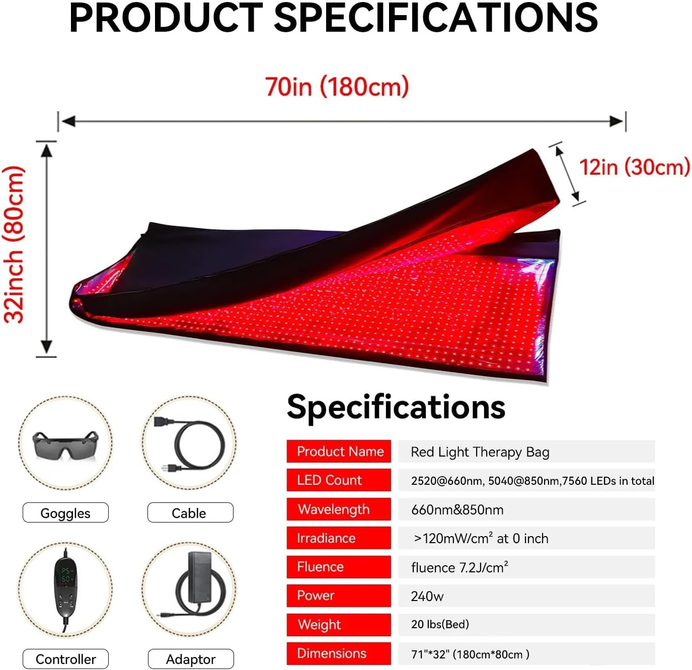 Red Infrared Light Therapy Bag for Whole Body, 70Inch*32Inch*12Inch,2520 Leds for Full Body Red Light Therapy Mat at Home